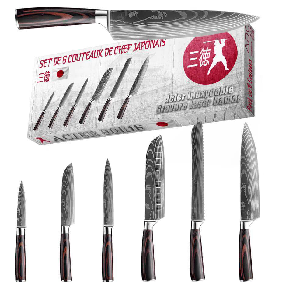 Set 7 Couteaux Japonais Cuisine Chef Professionnels Damas Acier Inox  Carbone