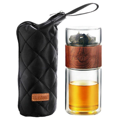 Bouteille Infuseur de Thé Portable Double Parois + Sacoche Isotherme Bois - Tendances-cuisine.fr