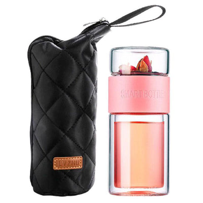 Bouteille Infuseur de Thé Portable Double Parois + Sacoche Isotherme Rose - Tendances-cuisine.fr