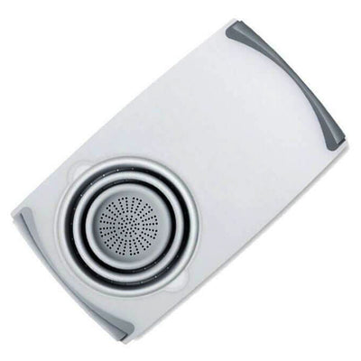 Planche à découper multifonction passoire compactable grise et blanche Tendances-cuisine.fr