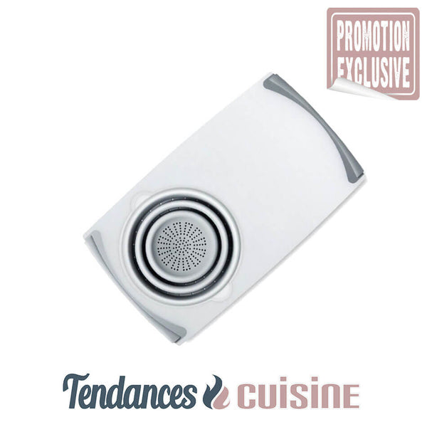 Planche à découper multifonction passoire compactable grise et blanche Tendances-cuisine.fr