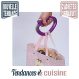 Poignée Porte Sacs violet mousqueton de courses démonstration de sacs portés - Tendances-cuisine.fr