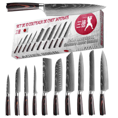 Set de Couteaux de Cuisine Japonais Acier Gravure Damas Pack 10 - Tendances-cuisine.fr