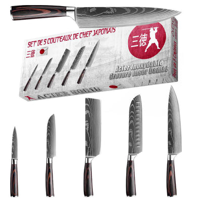 Set de Couteaux de Cuisine Japonais Acier Gravure Damas Pack 5 - Tendances-cuisine.fr