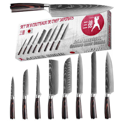 Set de Couteaux de Cuisine Japonais Acier Gravure Damas Pack  - Tendances-cuisine.fr