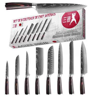 Set de Couteaux de Cuisine Japonais Acier Gravure Damas Pack 8 - Tendances-cuisine.fr