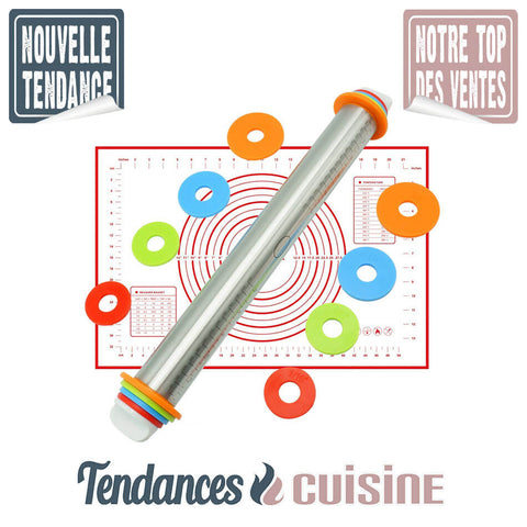 Tapis à Pétrir la Pâte en Silicone Gradué 60 X 40 Rouge + Rouleau a Pâtisserie 35 cm Inox - Tendances-cuisine.fr