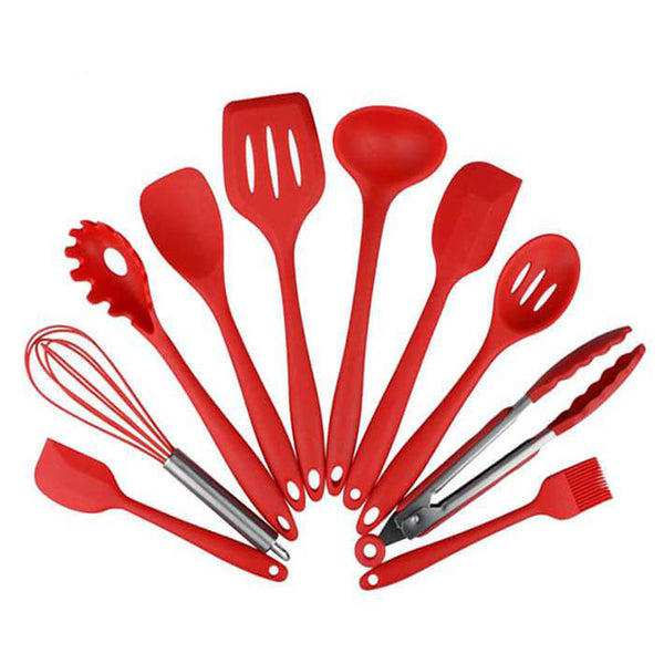Set de 10 ustensiles de cuisine en silicone rouge en vente sur Tendances-cuisine.fr