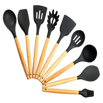 Set de 9 ustensiles de cuisine silicone bois Tendances-cuisine.fr